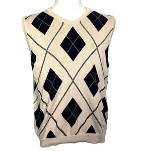 JOHN ASHFORD Men's Small Tan‎ Navy Blue Argyle Sweater Vest Pullover Preppy Golf